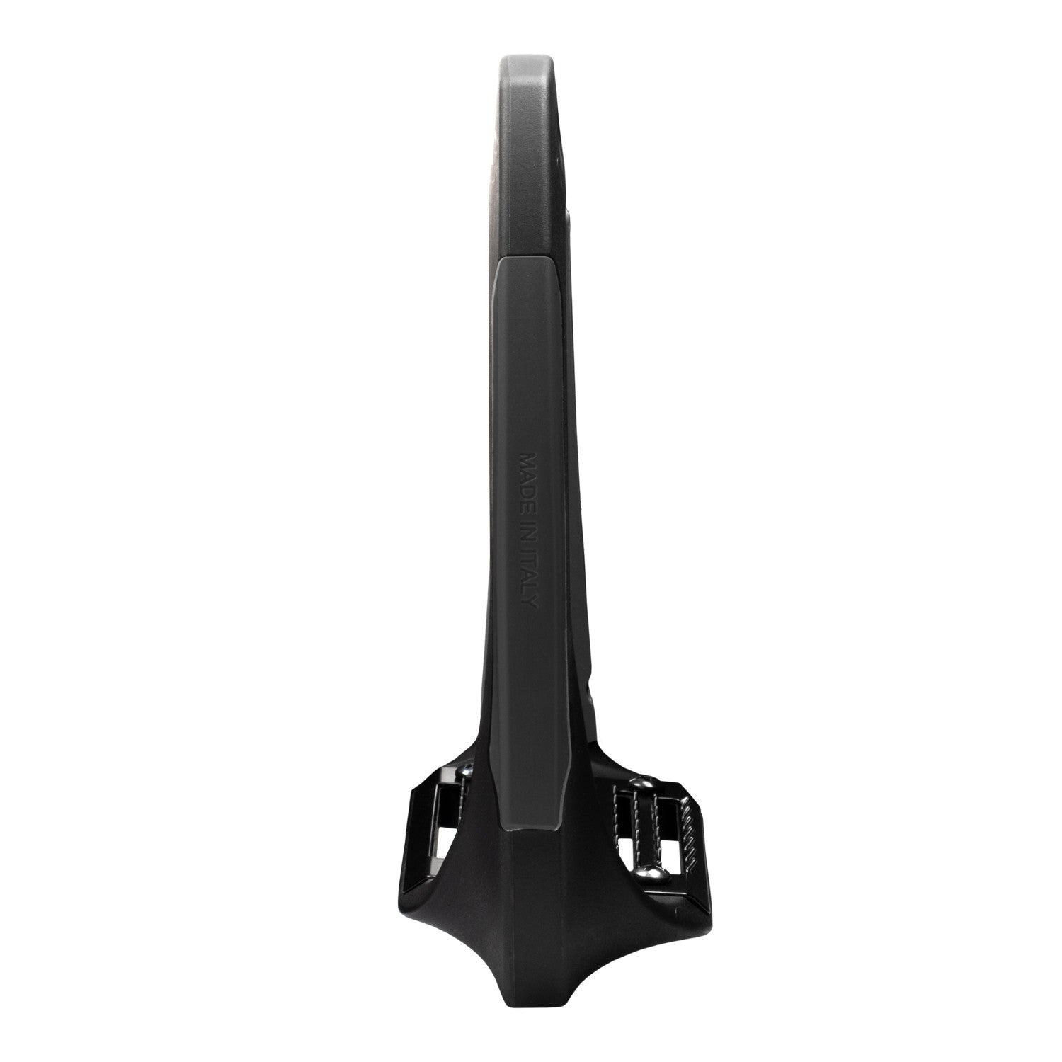 Side view of the black Equestro Supernova Stirrup on a white background