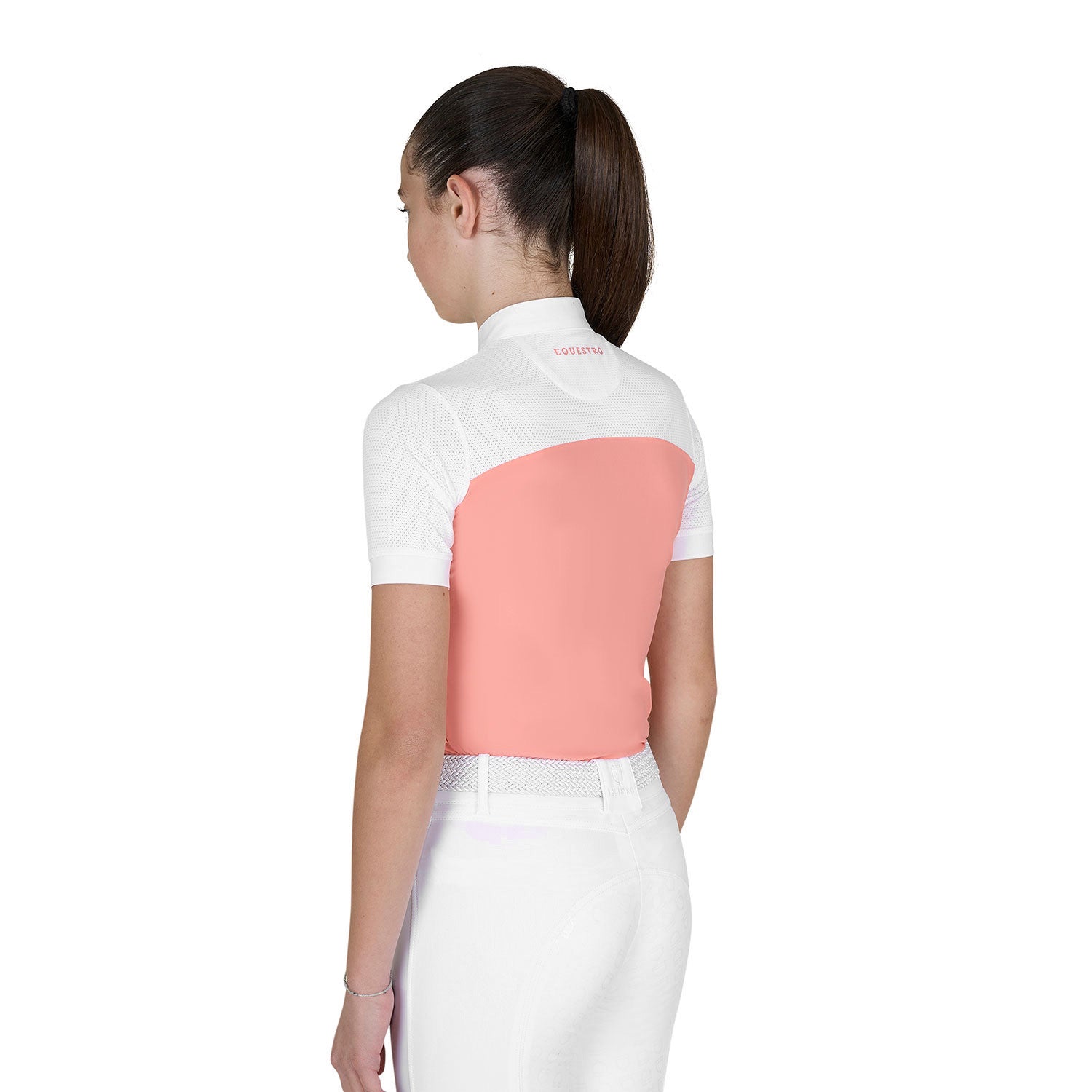 Back view of young model wearing the Girls' Slim Fit Competition Polo Shirt With Perforated Fabric in white and pink on a white background