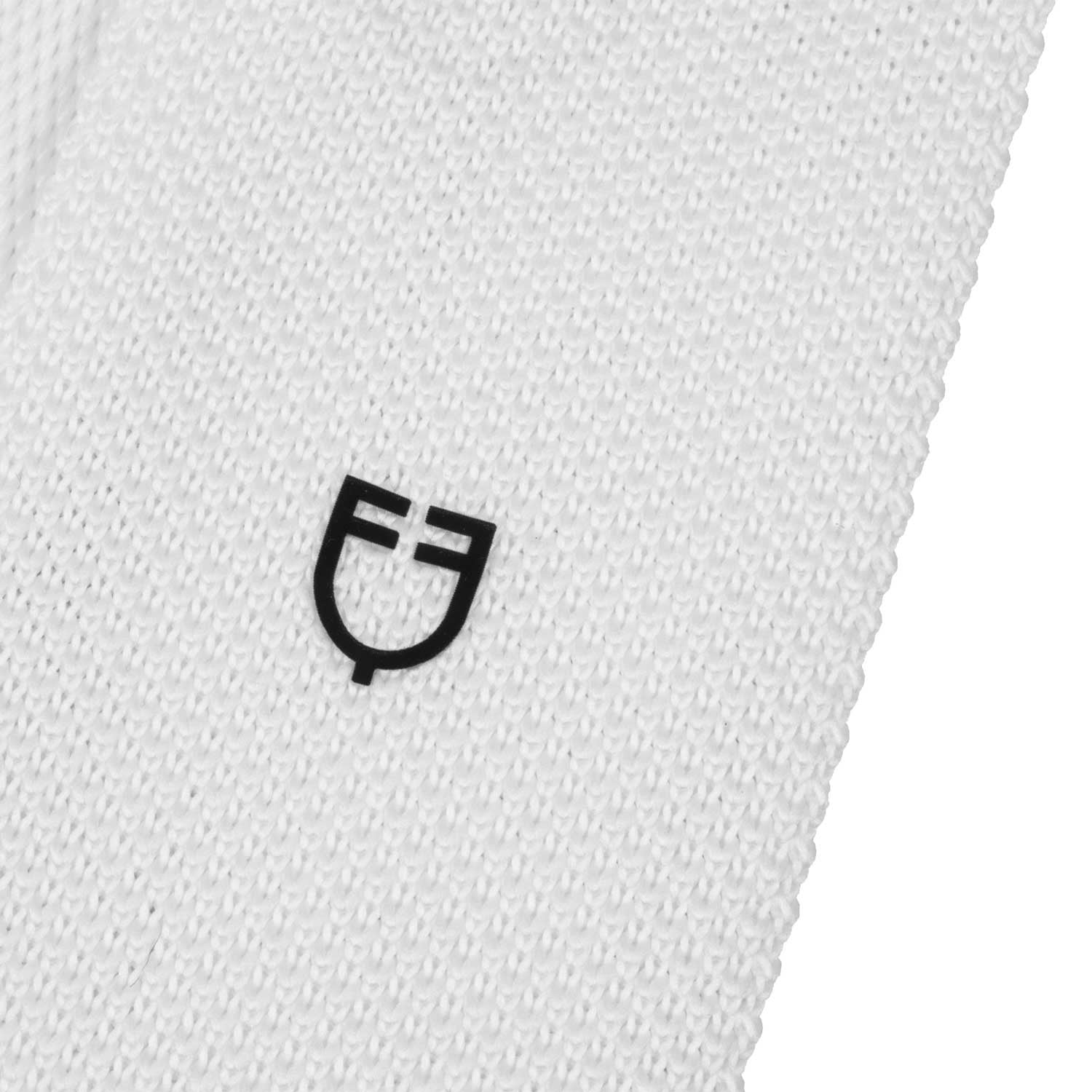 Close up view of the black logo on the Equestro Men's Logo Tie in white on white background
