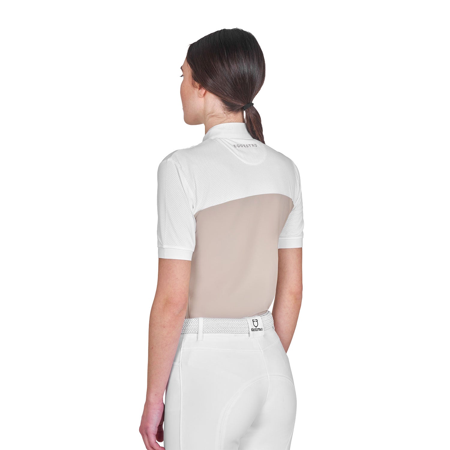 Back view of model wearing the Equestro Women's Slim Fit Polo Shirt In Technical Fabric And Mesh in tan and white on a white background