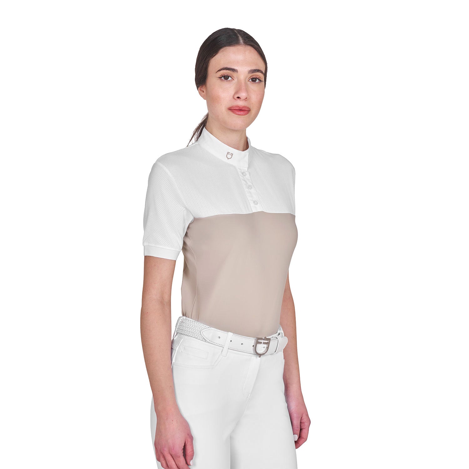 Front view of model wearing the Equestro Women's Slim Fit Polo Shirt In Technical Fabric And Mesh in tan and white on a white background