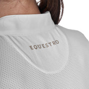 Close up view of "Equestro" in tan on white fabric on the back of the Equestro Women's Slim Fit Polo Shirt In Technical Fabric And Mesh