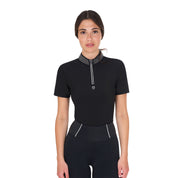 Front view of model wearing the Equestro Women's Slim Fit Training Polo Shirt With Zip And Collar Rhinestones in black on a white background