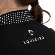 Back view of the rhinestone collar and Equestro logo of the Equestro Women's Slim Fit Training Polo Shirt With Zip And Collar Rhinestones in black 