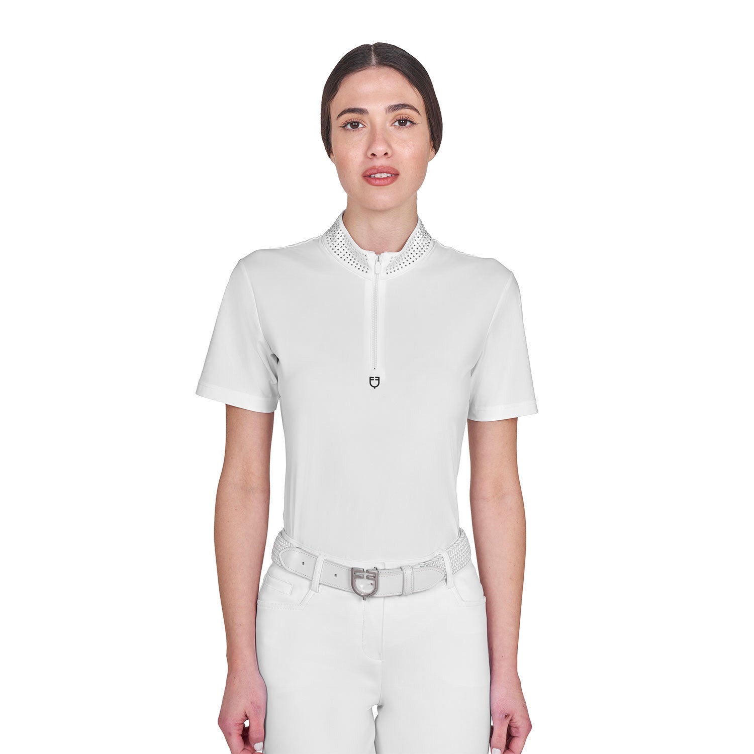 Front view of model wearing the Equestro Women's Slim Fit Training Polo Shirt With Zip And Collar Rhinestones in white on a white background