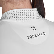 Back view of rhinestone collar and Equestro logo on the Equestro Women's Slim Fit Training Polo Shirt With Zip And Collar Rhinestones in white