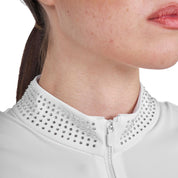 Close up front view of the rhinestone collar of the Equestro Women's Slim Fit Training Polo Shirt With Zip And Collar Rhinestones in white