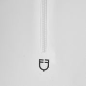 Close up view of the zipper and black Equestro logo on the Equestro Women's Slim Fit Training Polo Shirt With Zip And Collar Rhinestones in white