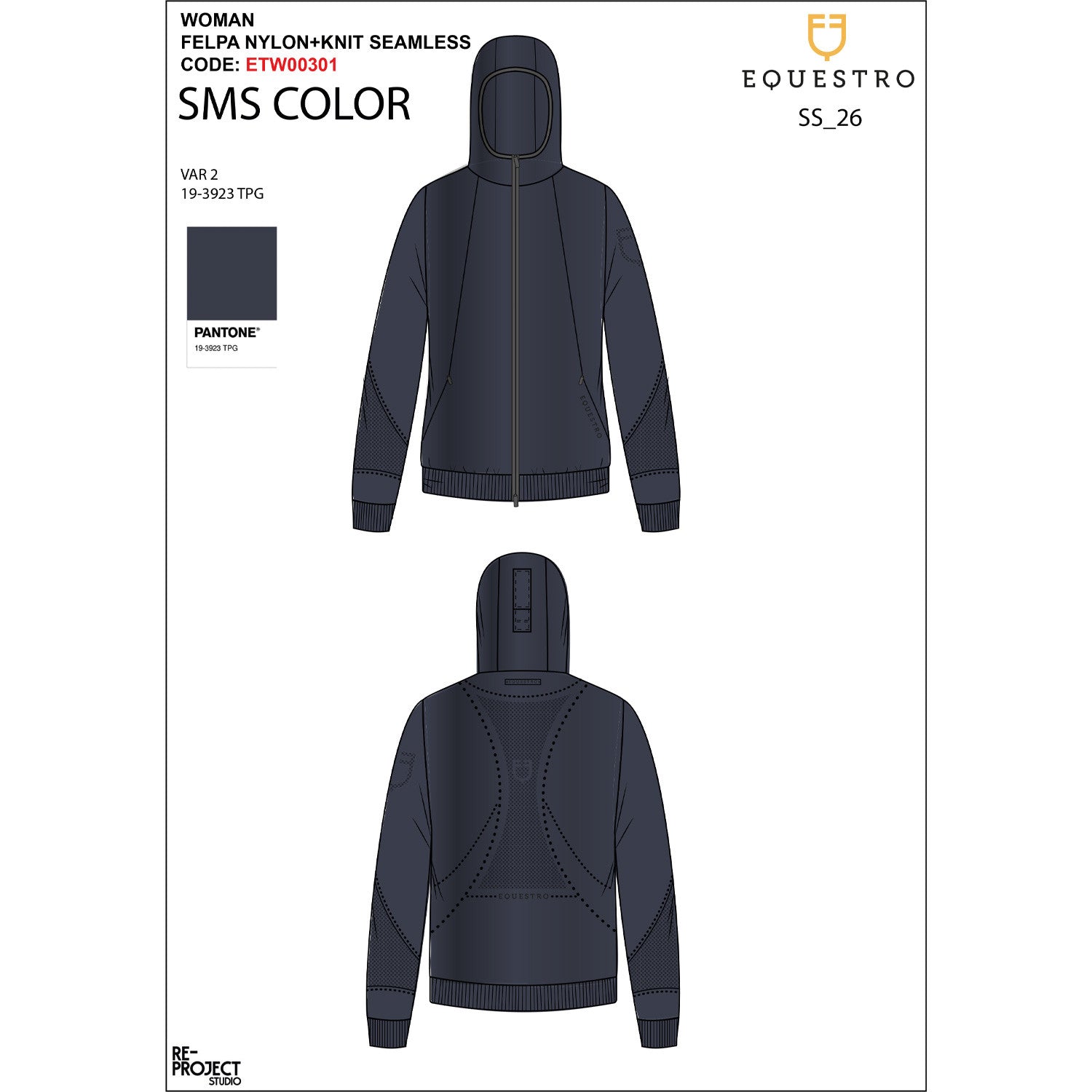 Designer sketches of the front and back of the Equestro Women's Technical Hooded Sweatshirt With Micro-Mesh Inserts in navy on a white background