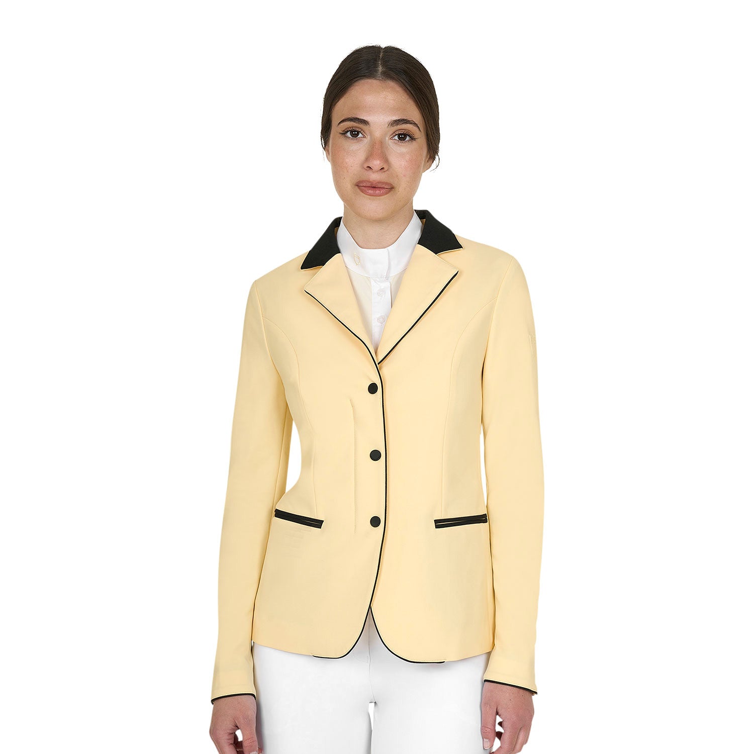 Front view of model wearing the Equestro Women's Competition Jacket With Zip And Buttons in yellow on a white background