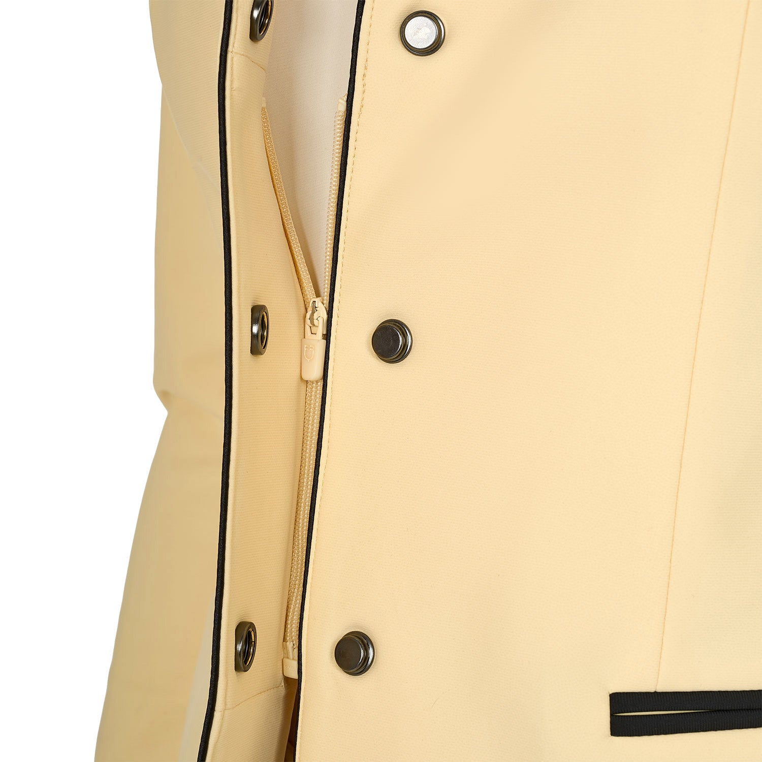 Close up front view of the concealed zip and buttons on the  Equestro Women's Competition Jacket With Zip And Buttons in yellow