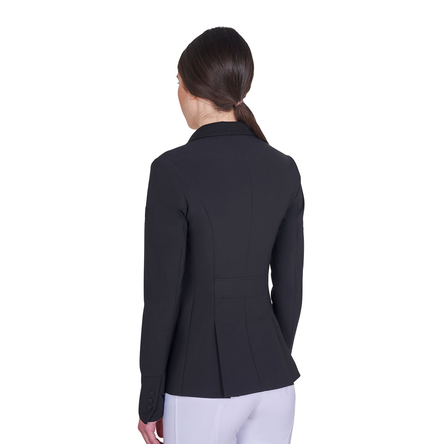 Back view of model wearing the Equestro Women's Competition Jacket With Zip And Buttons in black on a white background