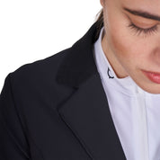 Close up view of the lapel of the Equestro Women's Competition Jacket With Zip And Buttons in black