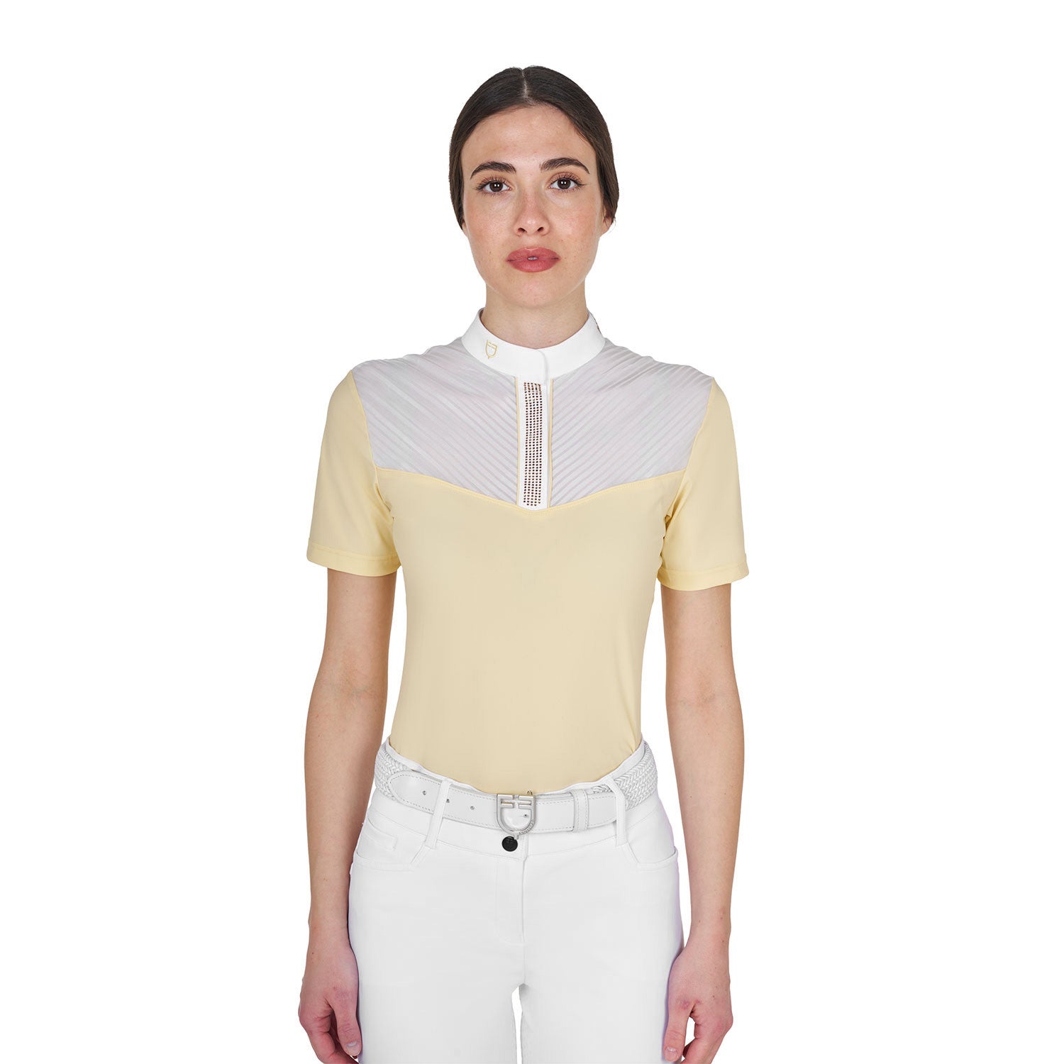 Front view of model wearing the Equestro Women's Slim Fit Competition Polo Shirt With Silk-Like Fabric Inserts in white and yellow on a white background