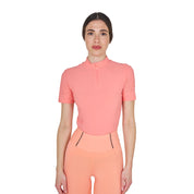 Front view of model wearing the Equestro Women's Training T-Shirt In Technical Fabric With Micro-Holes in pink on a white background