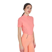 Angled front view of model wearing the Equestro Women's Training T-Shirt In Technical Fabric With Micro-Holes in pink on a white background
