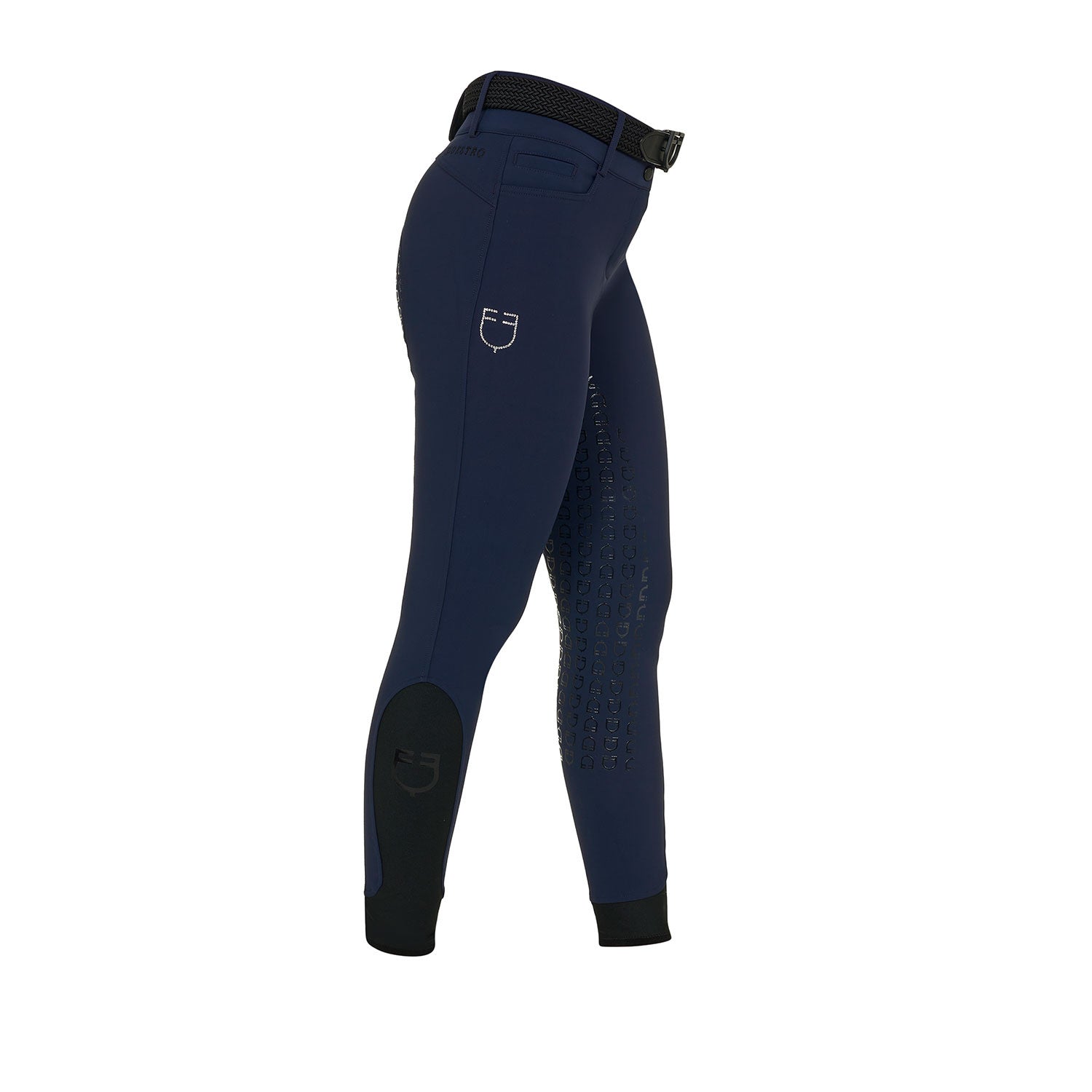 Side view of the Equestro Women's High-Waisted Full-Grip Rhinestone Breeches in navy on white background
