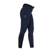 Side view of the Equestro Women's High-Waisted Full-Grip Rhinestone Breeches in navy on white background