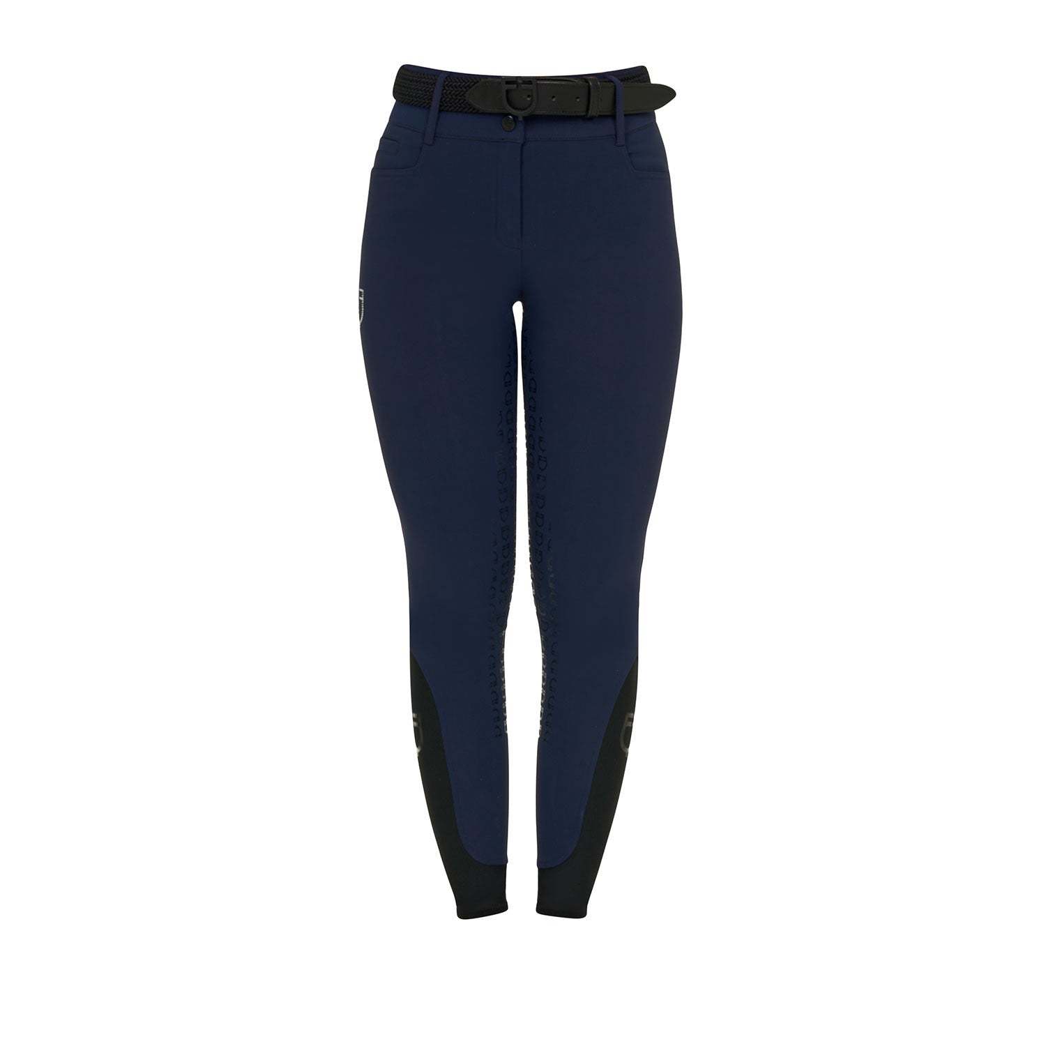Front view of the Equestro Women's High-Waisted Full-Grip Rhinestone Breeches in navy on white background