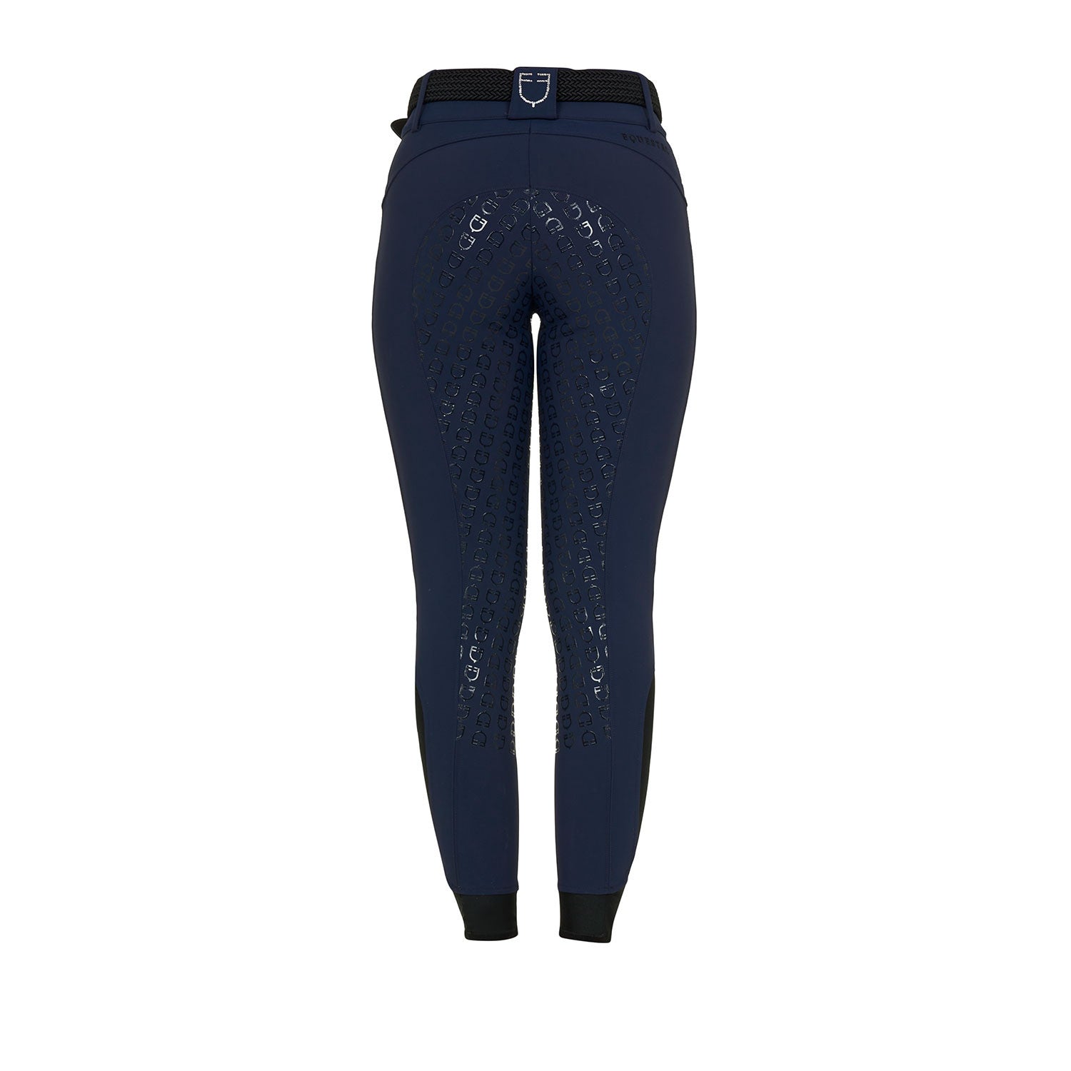 Back view of the Equestro Women's High-Waisted Full-Grip Rhinestone Breeches in navy on white background