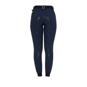 Back view of the Equestro Women's High-Waisted Full-Grip Rhinestone Breeches in navy on white background