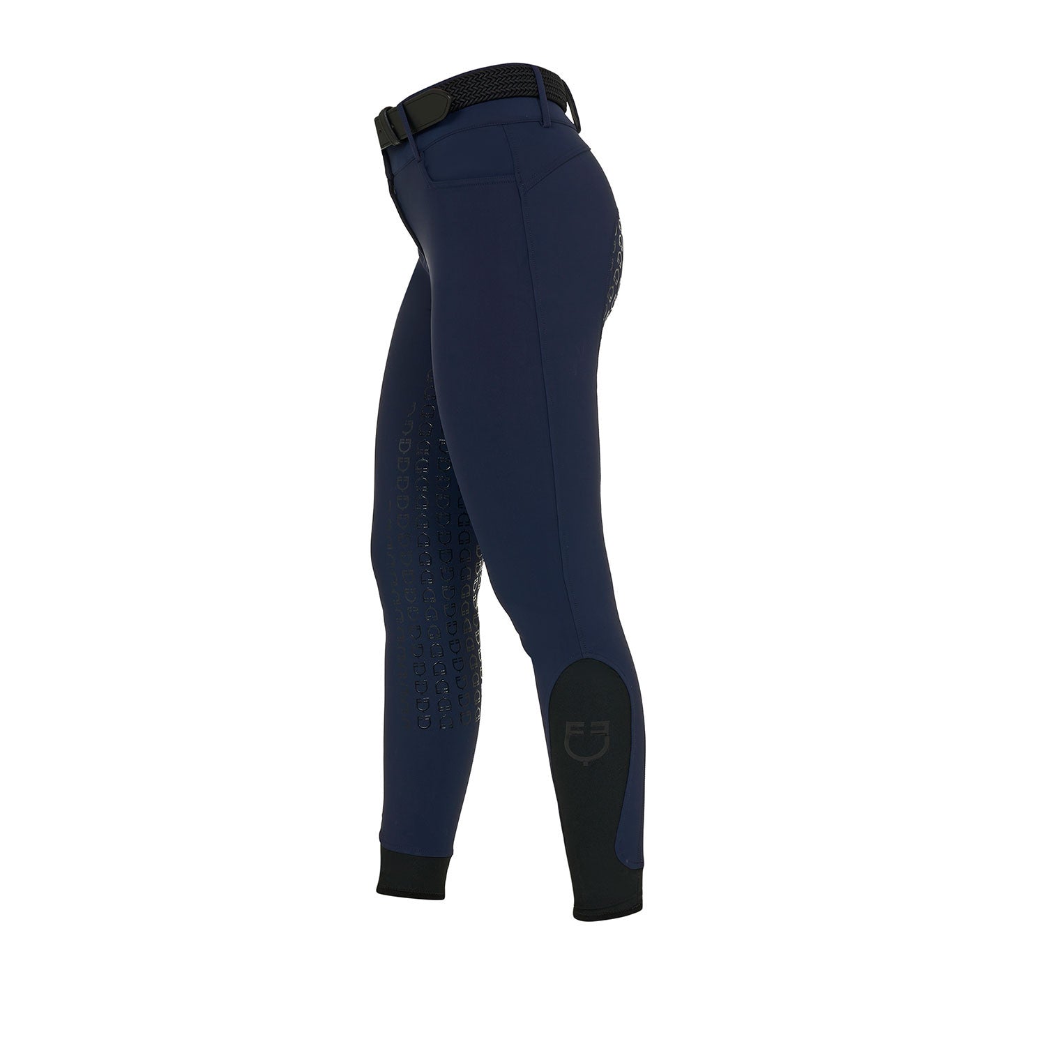 Side view of the Equestro Women's High-Waisted Full-Grip Rhinestone Breeches in navy on white background