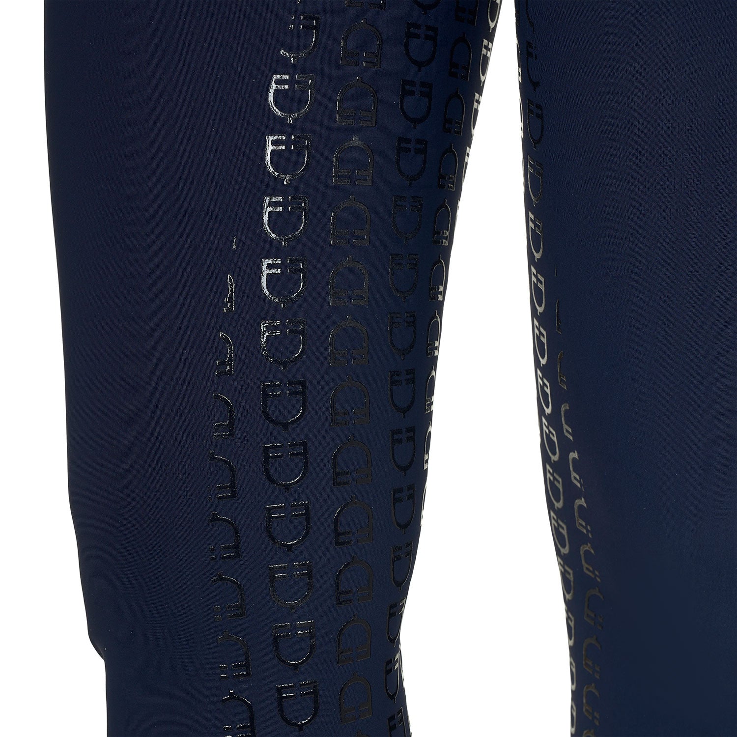 Close up view of the grip at the knee of the Equestro Women's High-Waisted Full-Grip Rhinestone Breeches in navy on white background