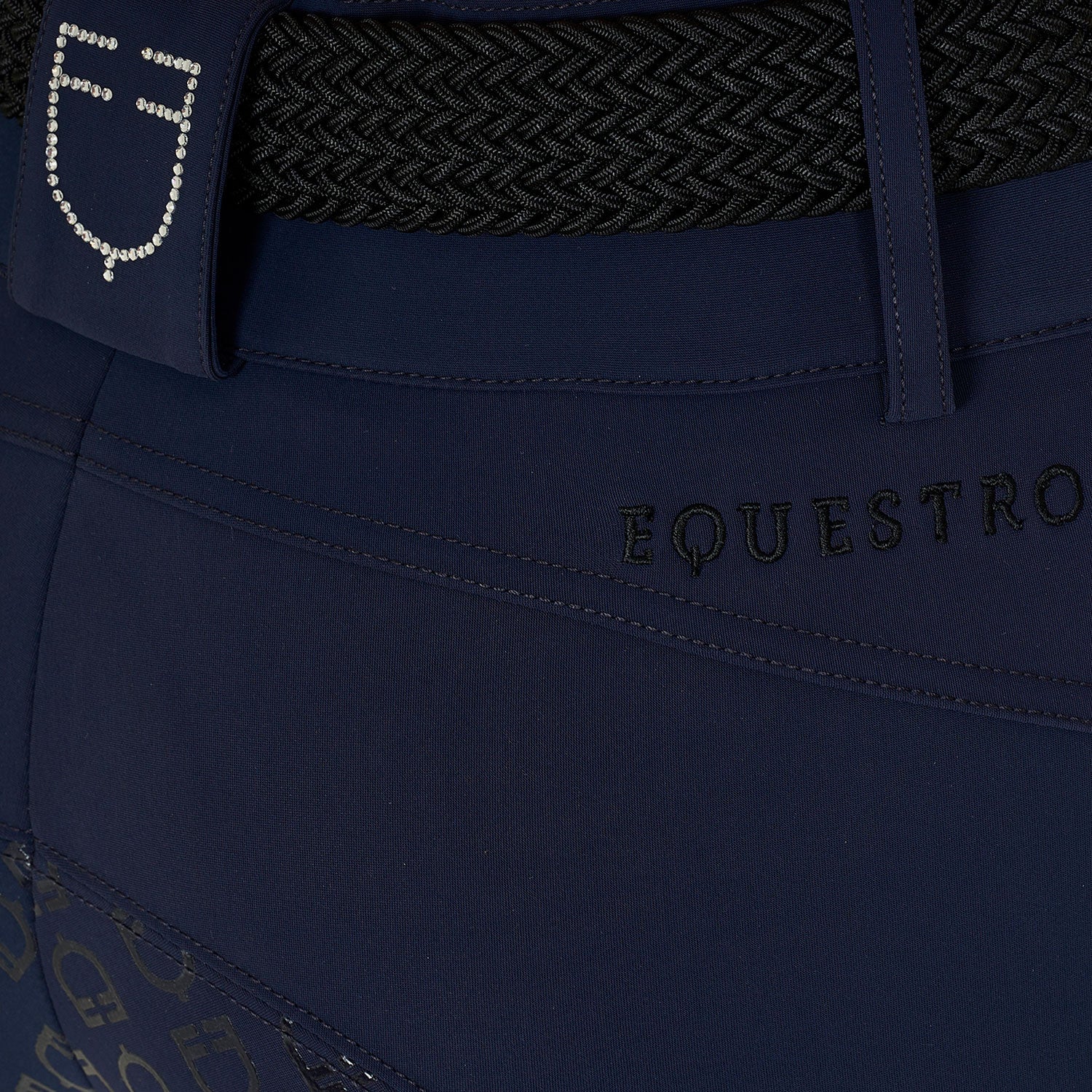 Close up view of the back of the Equestro Women's High-Waisted Full-Grip Rhinestone Breeches in navy