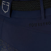 Close up view of the back of the Equestro Women's High-Waisted Full-Grip Rhinestone Breeches in navy