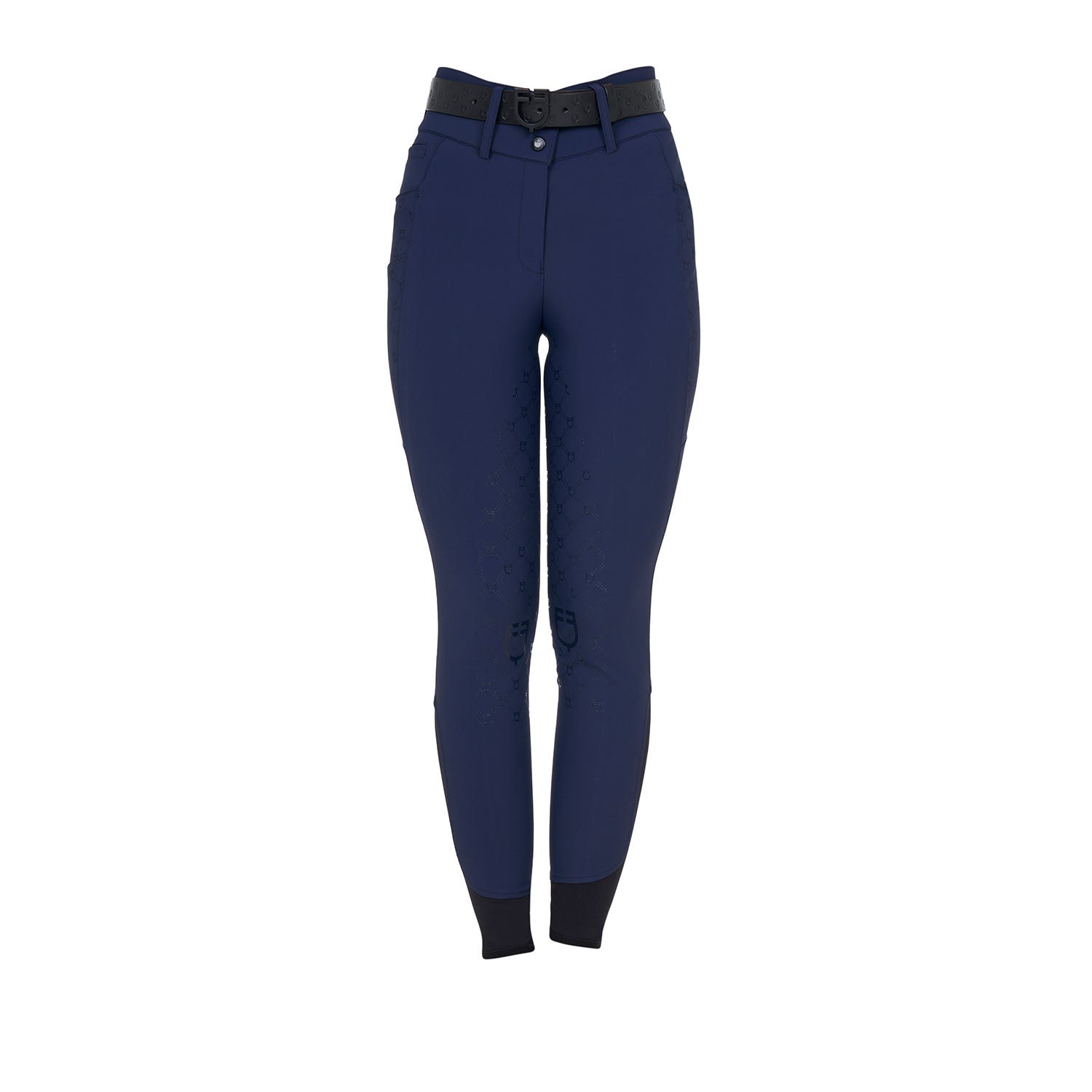 Front view of the Equestro Women's High-Waisted Monogram Breeches in navy on a white background