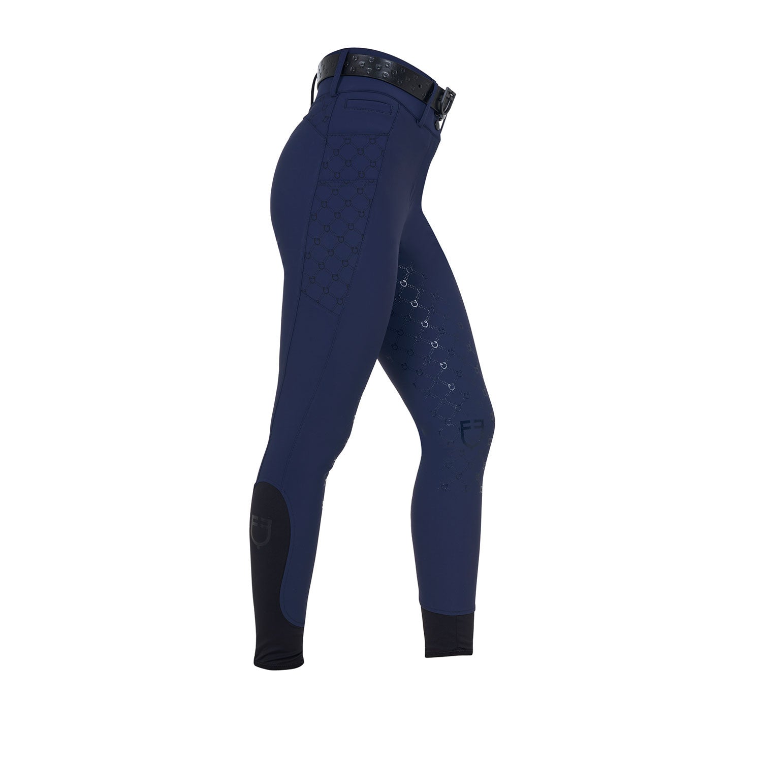 Side view of the Equestro Women's High-Waisted Monogram Breeches in navy on a white background