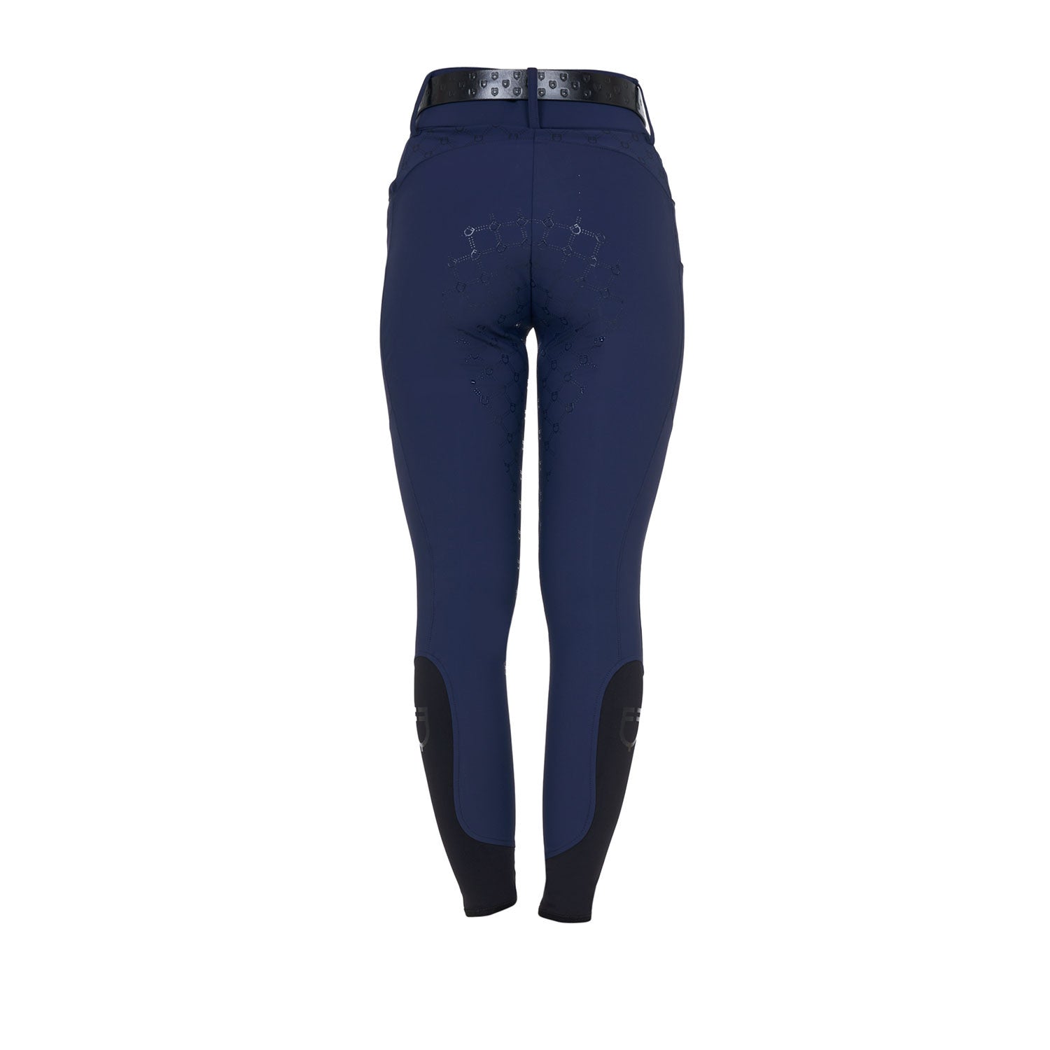Back view of the Equestro Women's High-Waisted Monogram Breeches in navy on a white background