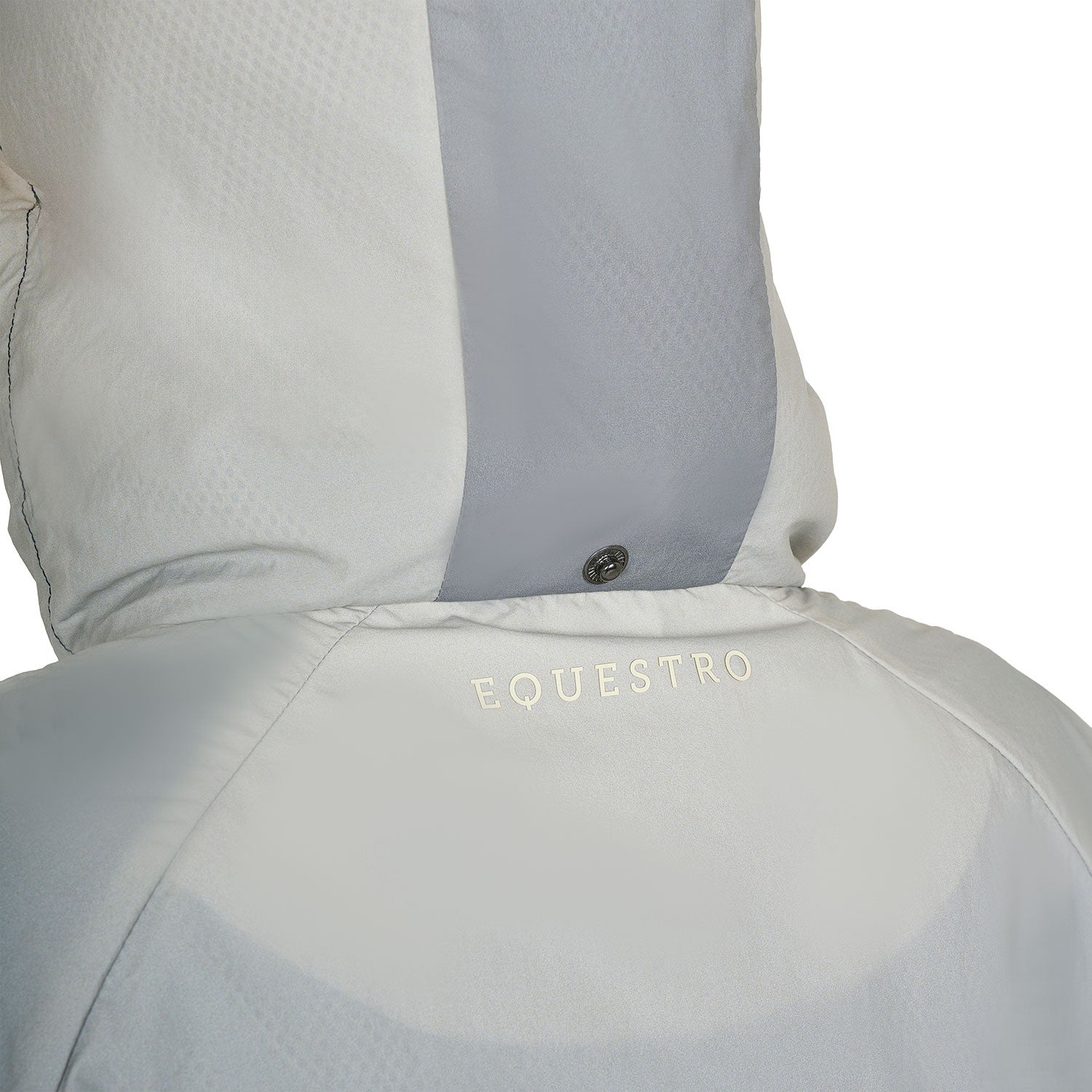Close up back view of the hood of the Equestro Women's Water-Repellent Outerwear in ombre navy and white on a white background