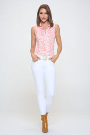 Full body front view of a female model wearing the Dancing Equestrian L'Orange Baroque Sleeveless Shirt and white breeches on a white background