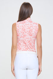 Back view of a female model wearing the Dancing Equestrian L'Orange Baroque Sleeveless Shirt on a white background