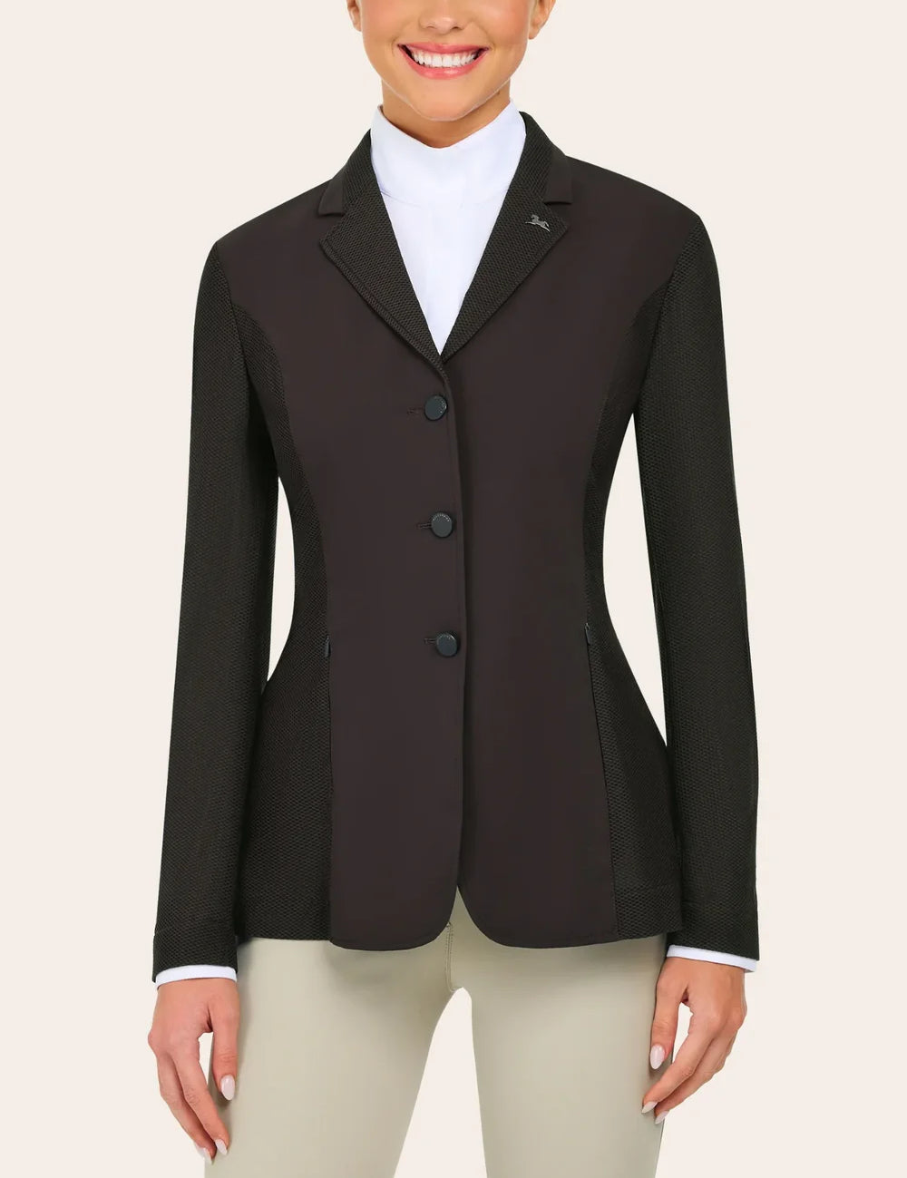 Close-up front view of a woman wearing the brown RJ Classics Harmony Evo Mesh Show Coat on a plain background