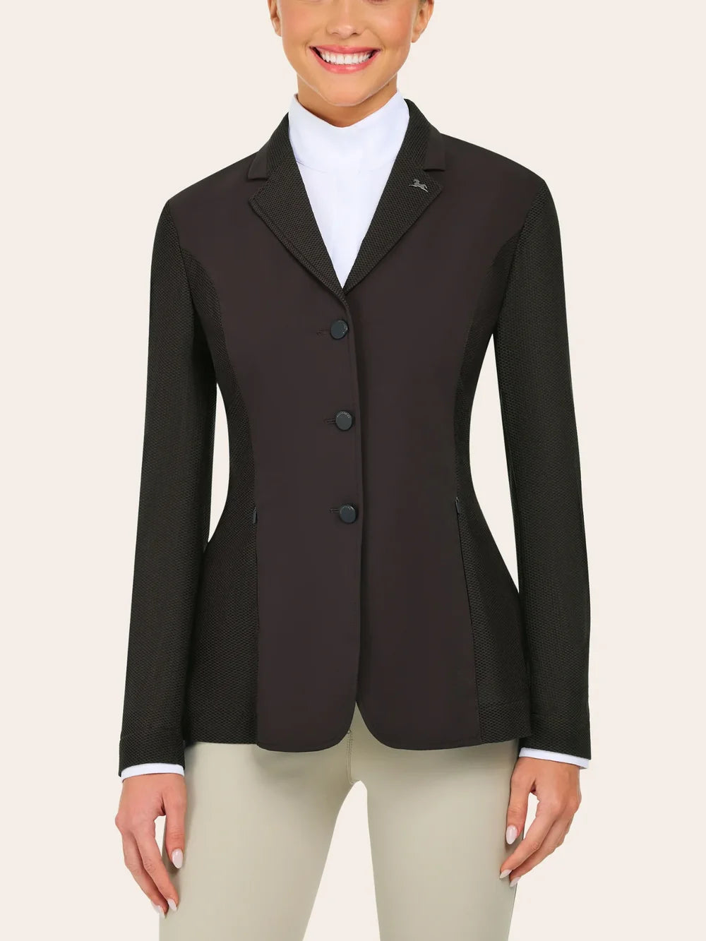 Close-up front view of a woman wearing the brown RJ Classics Harmony Evo Mesh Show Coat on a plain background