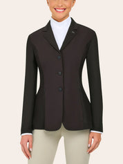 Close-up front view of a woman wearing the brown RJ Classics Harmony Evo Mesh Show Coat on a plain background