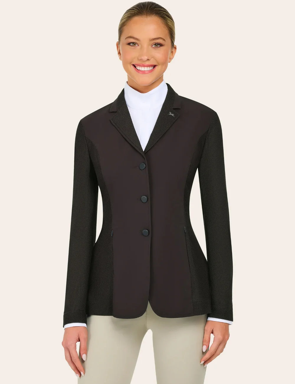 Front view of a woman wearing the brown RJ Classics Harmony Evo Mesh Show Coat on a plain background