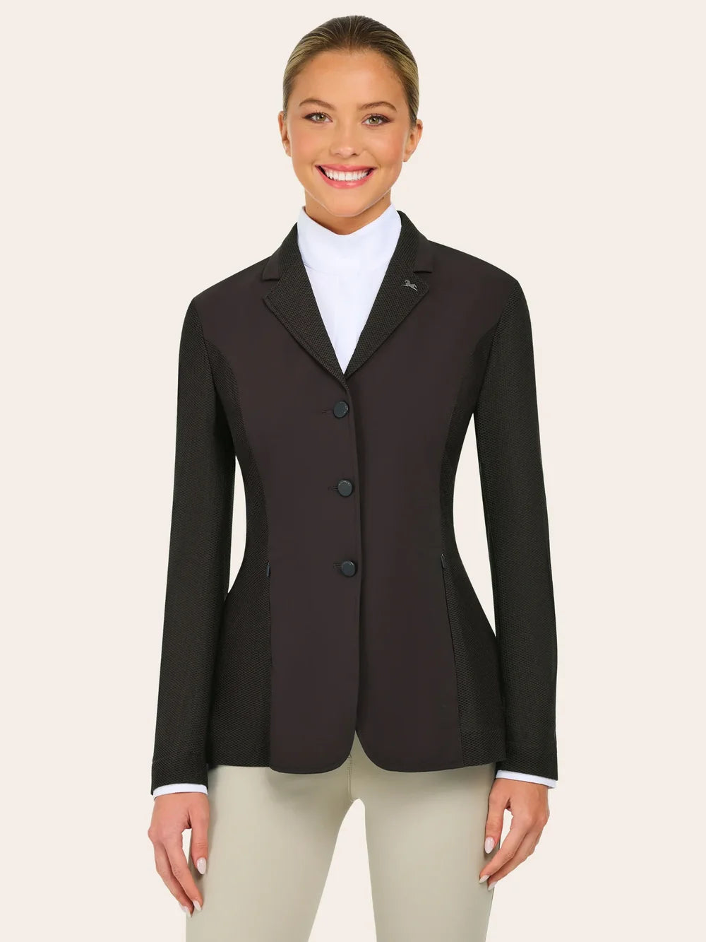 Front view of a woman wearing the brown RJ Classics Harmony Evo Mesh Show Coat on a plain background