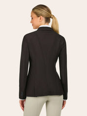 Back view of a woman wearing the brown RJ Classics Harmony Evo Mesh Show Coat on a plain background