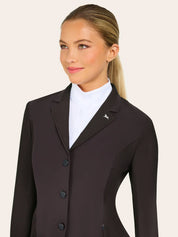 Angled close-up front view of a woman wearing the brown RJ Classics Harmony Evo Mesh Show Coat on a plain background