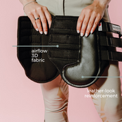 Infographic view of a model holding a black Ecogold Breathable Exercise Horse Boot on a pink background