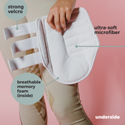 Infographic view of a model holding a white Ecogold Breathable Exercise Horse Boot on a pink background