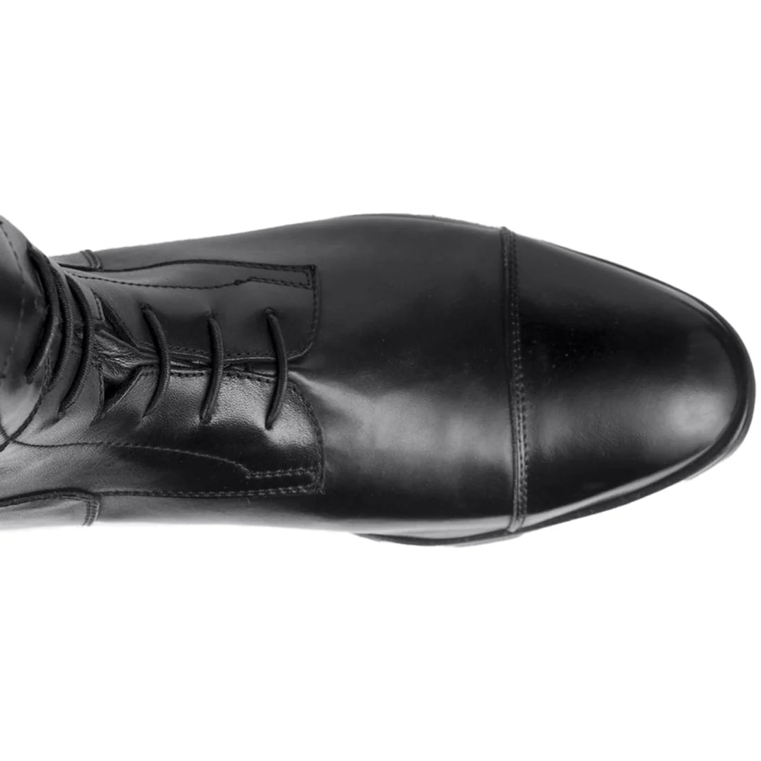 Close-up view of the toe cap on a black Ego 7 Orion Field Boot on a white background