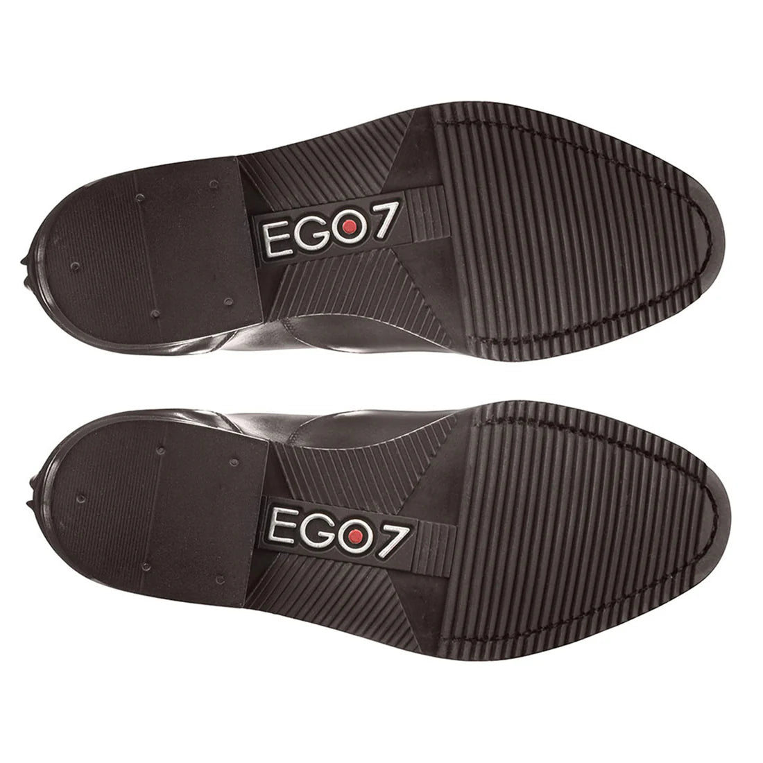 Bottom view of a pair of black Ego 7 Orion Field Boots on a white background