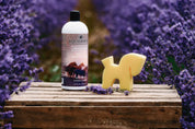 Front view of a 32 oz bottle of Equiderma Sheath, Udder & Genital Cleanser next to a horse shaped yellow sponge with purple flowers in the background