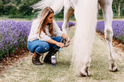 View of a woman picking a white horse's foot with purple flowers in the background