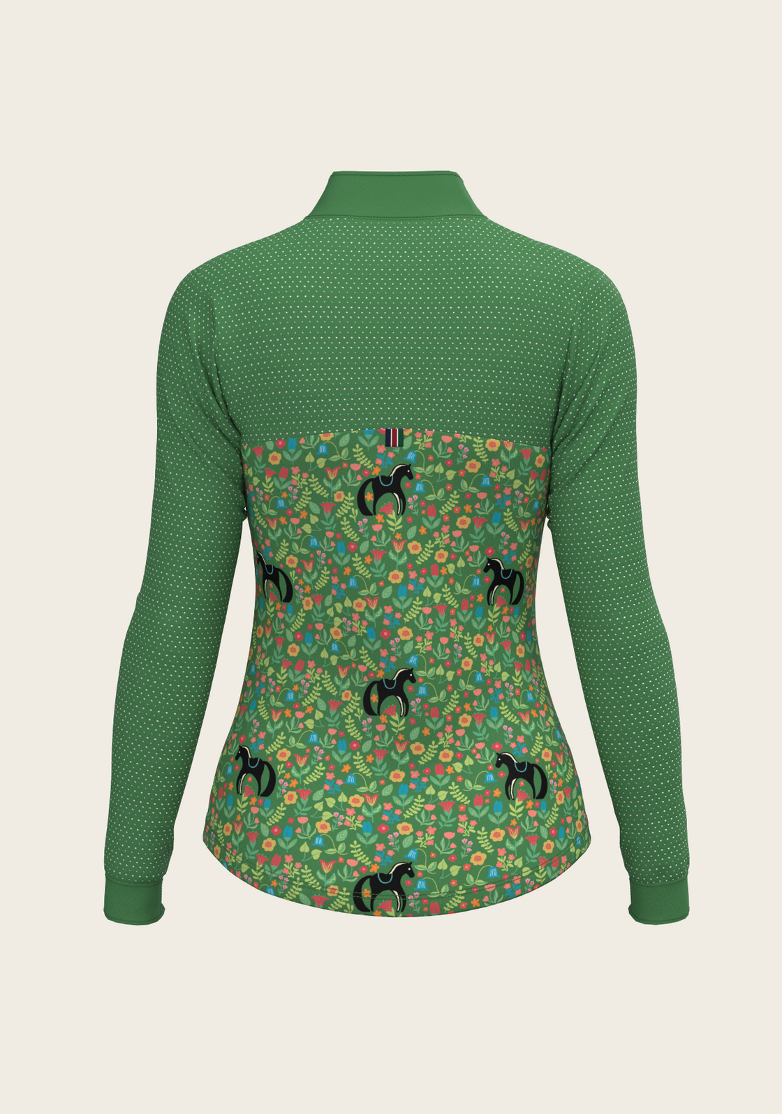 Back view of the Flower on Green Espoir Cavallo Sport Mesh Quarter Zip Sun Shirt on a plain background