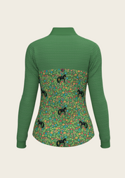 Back view of the Flower on Green Espoir Cavallo Sport Mesh Quarter Zip Sun Shirt on a plain background